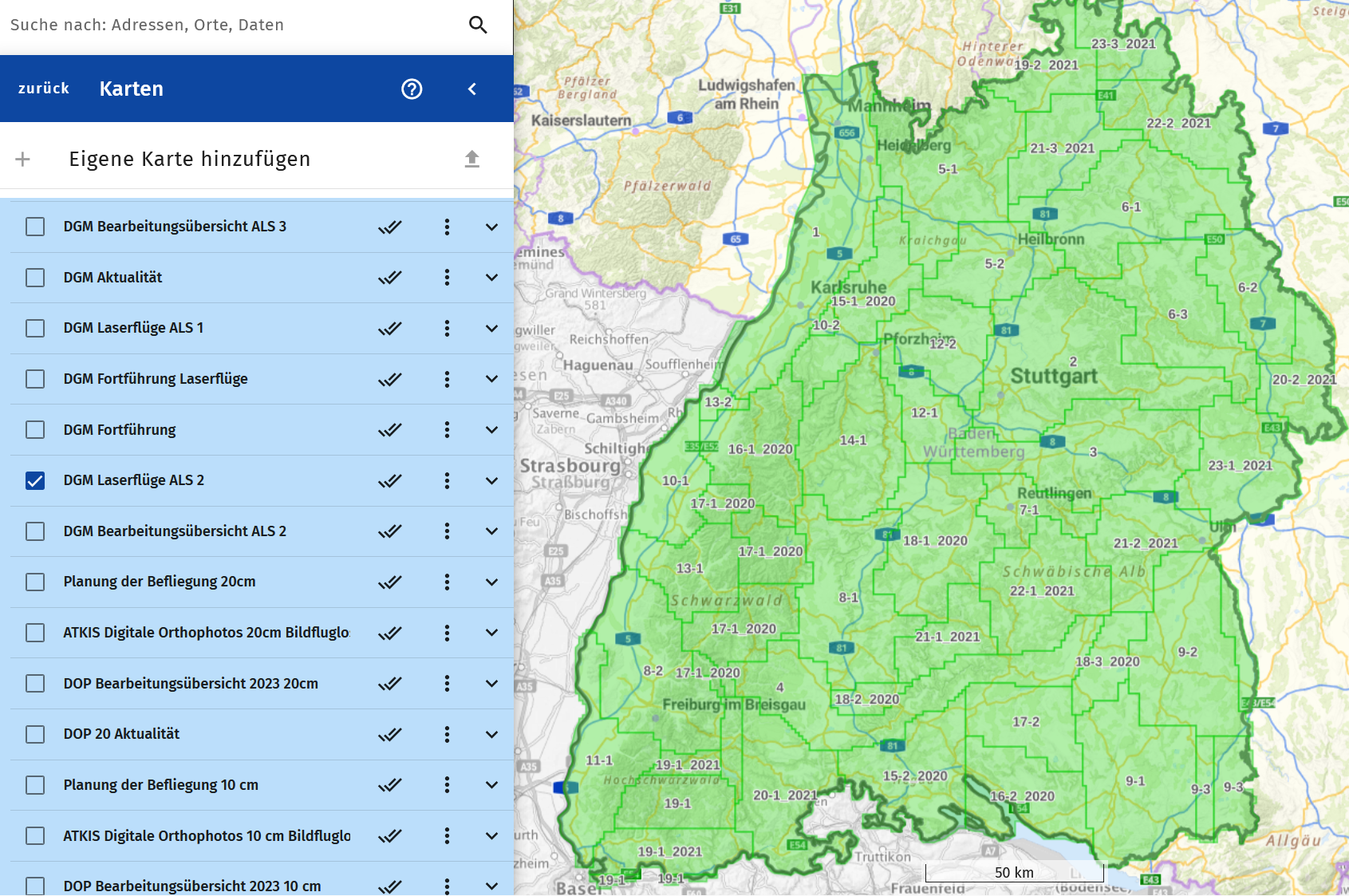 DGM Laserflüge ALS_2 - Darstellung im Geoportal